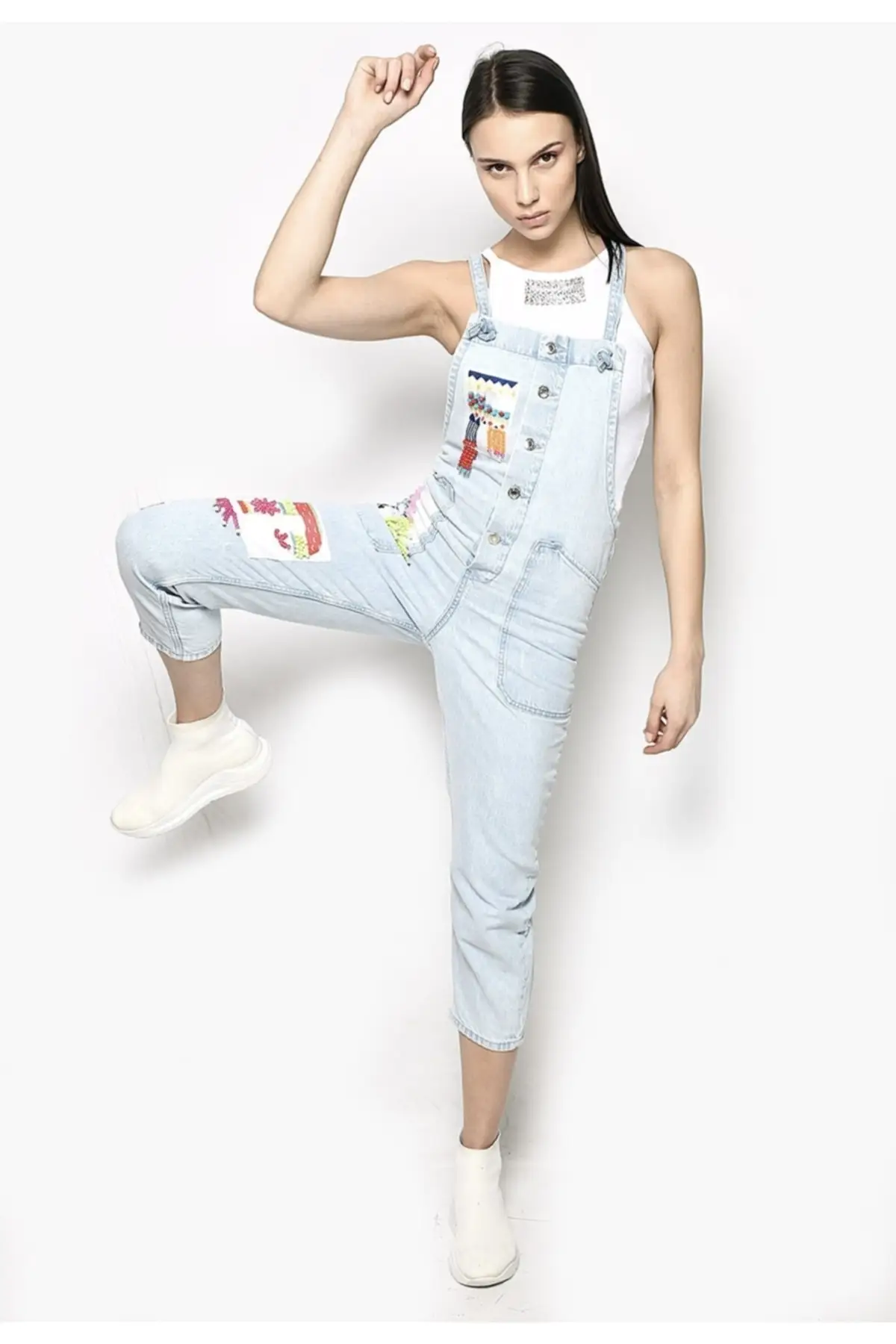 

Женский джинсовый комбинезон в стиле пэчворк, качественные тканевые мешковатые брюки без рукавов, повседневный комбинезон