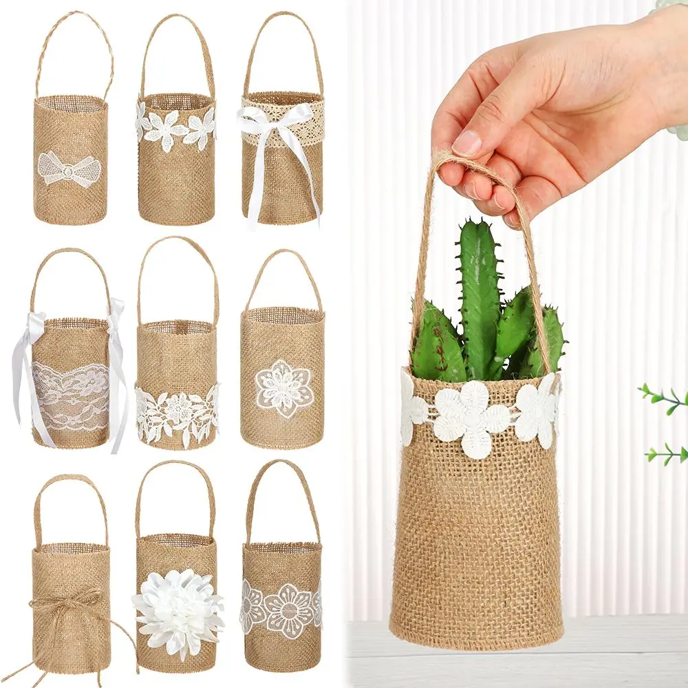 

Rustic Retro Party Decoration Vintage Wedding Ceremony Burlap Flower Basket Flower Girl Basket Candy Gift Bag
