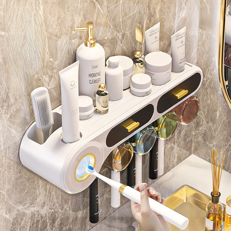 

Drawer Toothbrush Holder Mouthwash Cup Automatic Toothpaste Squeeze Multifunctional Wall Mounted Bathroom Storage Accessories
