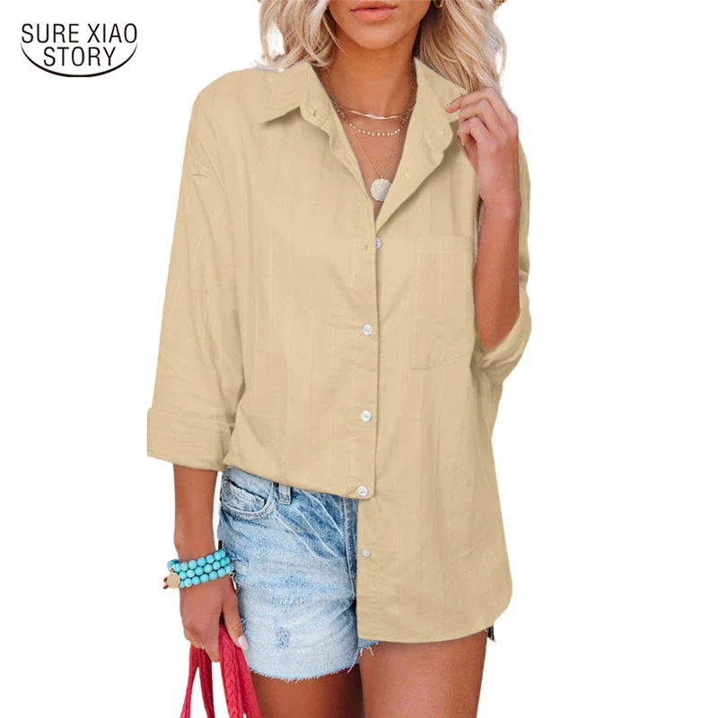 

Модные женские Топы 2022 одежда Свободная блузка с карманами и отложным воротником простая однобортная белая однобортная рубашка Блузы 23202