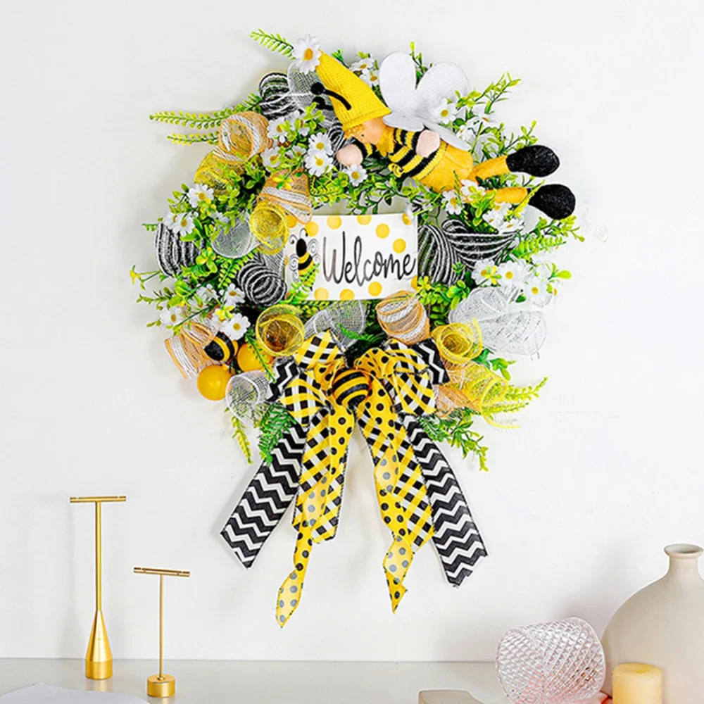 

Festival Wreath Artificial Bee Bow Tie Leaf Garland Hanging Ornaments Front Door Wall Decorations Home Decor Wreath