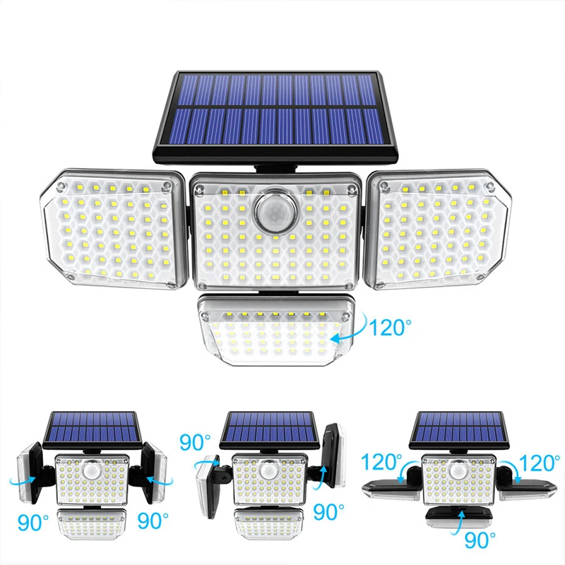Светодиодный уличный водонепроницаемый точесветильник светильник на солнечной батарее, 3 режима работы, 4 регулируемых головки лампы, широкий угол освещения 270 °, прожектор