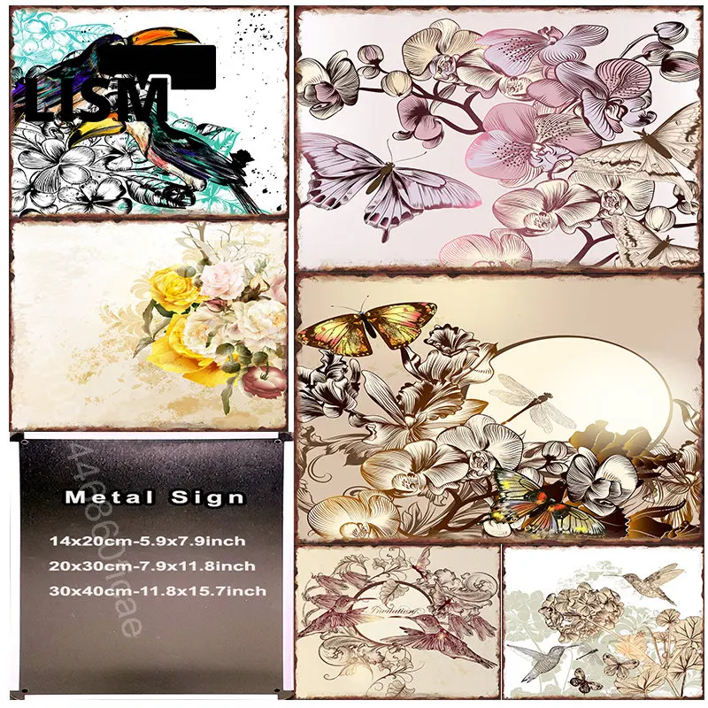 

Retro Chic Flower Bird Metal Tin Sign Poster Plaques Wall Stickers Bedroom Iron Painting Art Country Farmhouse Home Decor Plate