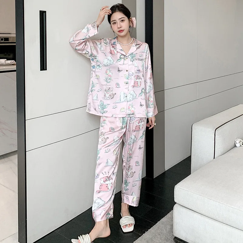 2023 Autumn Ice Silk Pajamas Women's Long-Sleeved Tiger Printed Pajamas Suit High-Grade Internet Celebrity Homewear