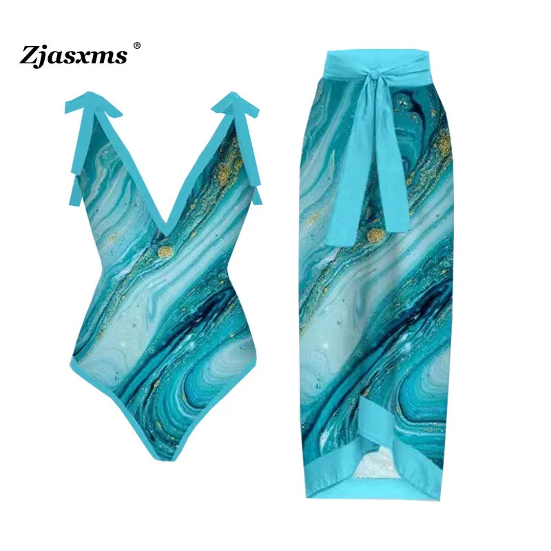 

Sexy Print Deep V Neck Lace-up Chiffon Long Dress & High-Waist One-piece Holiday Beach Bodysuits Women Two-piece Bikini Swimsuit