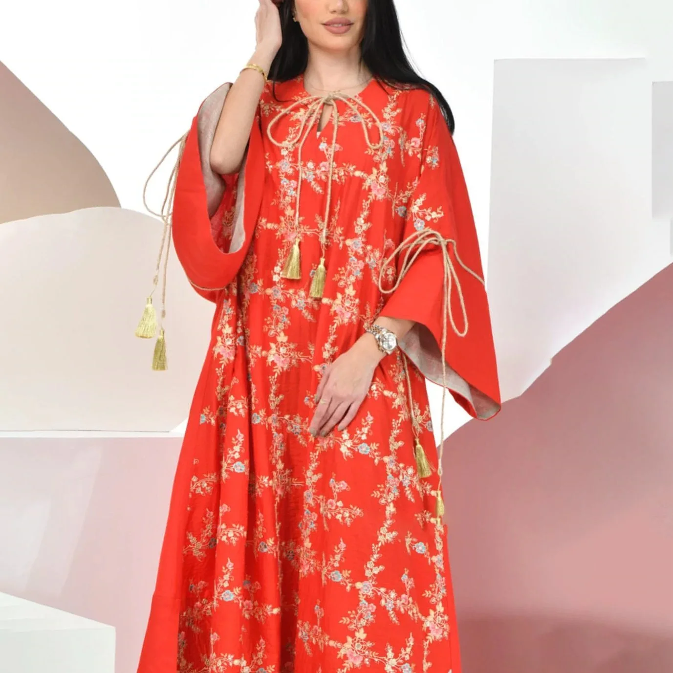 

Wepbel Eid Muslim Dress Women Abaya Flare Sleeve Red Pattern Big Swing Loose Dress Djellaba Ramadan Islamic Clothing Turkey Robe