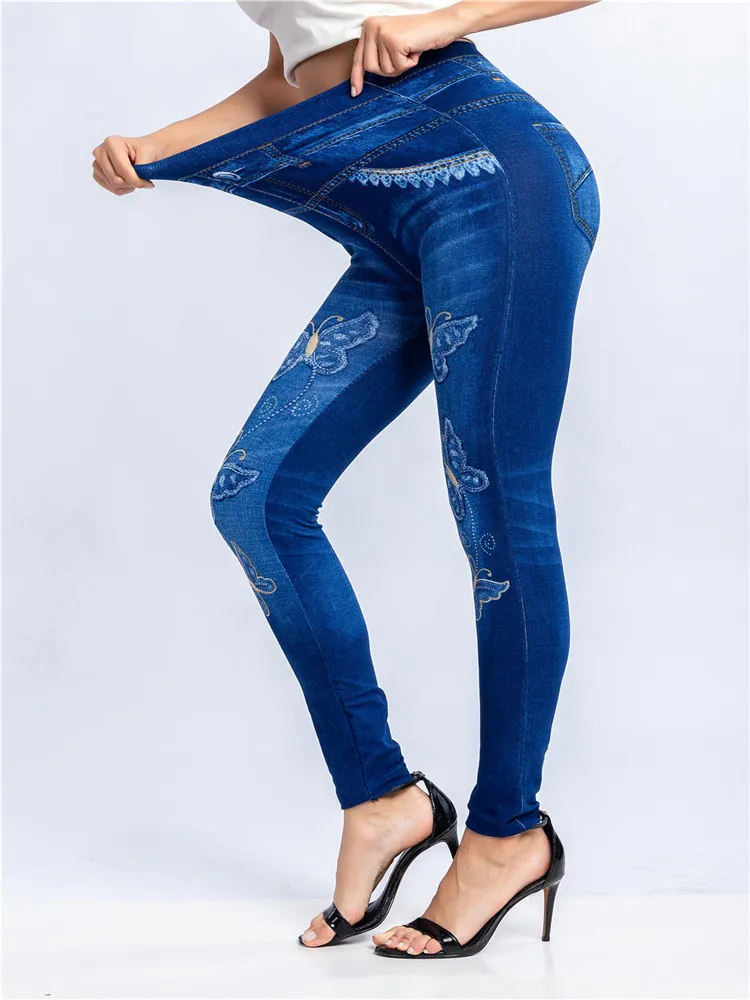 

VISNXGI Womans Leggings High Waist Push Up Butterfly Pattern Jeggings Imitation Jeans Seamless Print Skinny Trousers Mujer Pants
