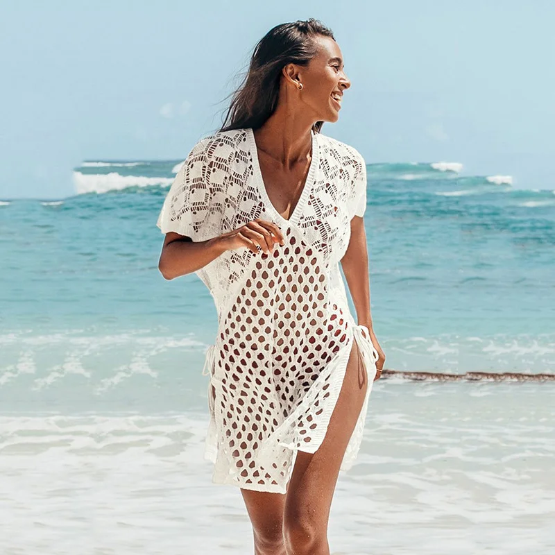 

Sexy Honeycomb Beach Up Swimsuit V Neck Hollow Crochet Beach Dress Women Bikini Swimwear Bathing Suit Summer Beach Tunic