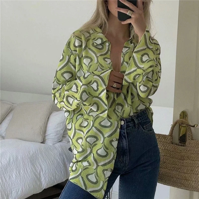 Women Pajamas Set Chic Green Geometric Print Vintage Sleepwear Long Sleeve High Waist Wide Leg Trousers 2pcs Elegant Women Sets