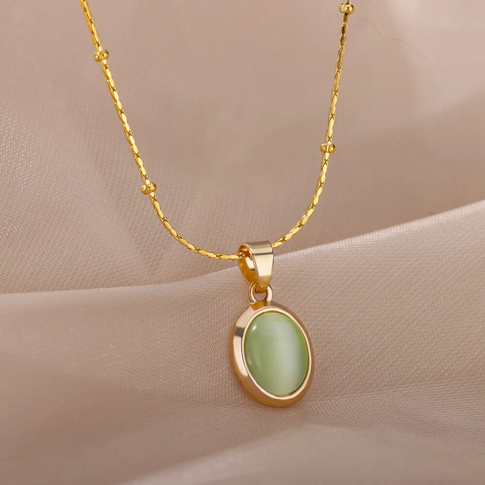 

Stainless Steel Round Opal Necklace For Women Girls Natural Stone Pendant Gold Color Choker Necklaces Vintage Jewelry Collier