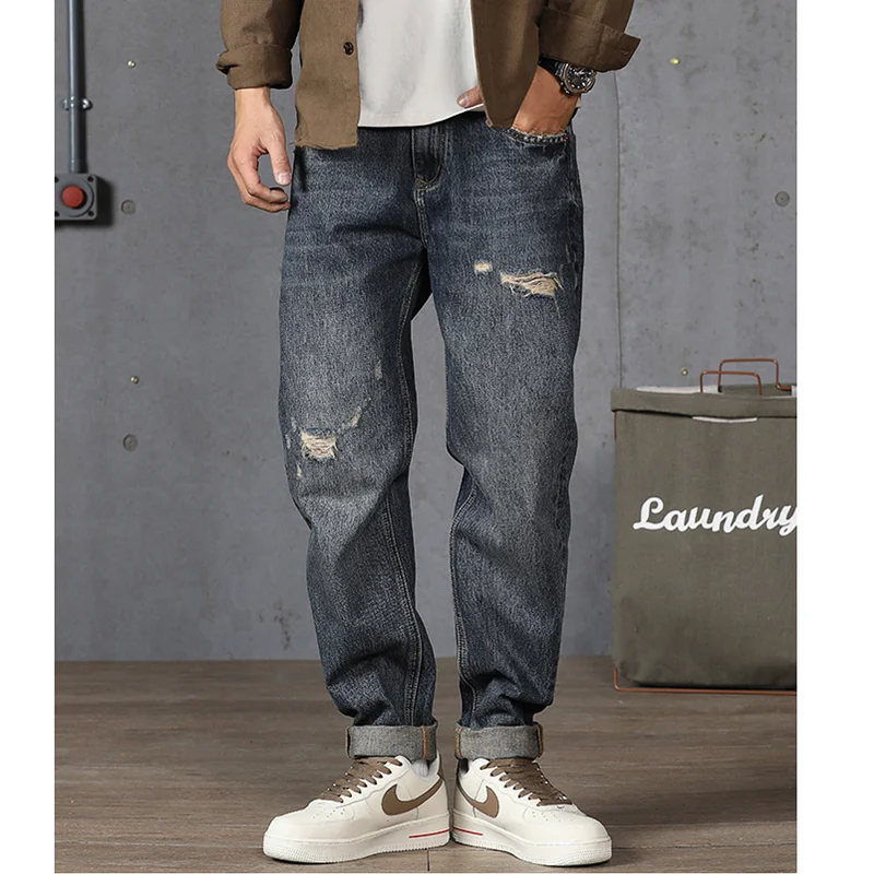 Streetwear Men 2022 New Pattern Vintage Recreational Navy Blue Jeans Loose Broad Straight Cylinder Leg Trousers Autumn Female