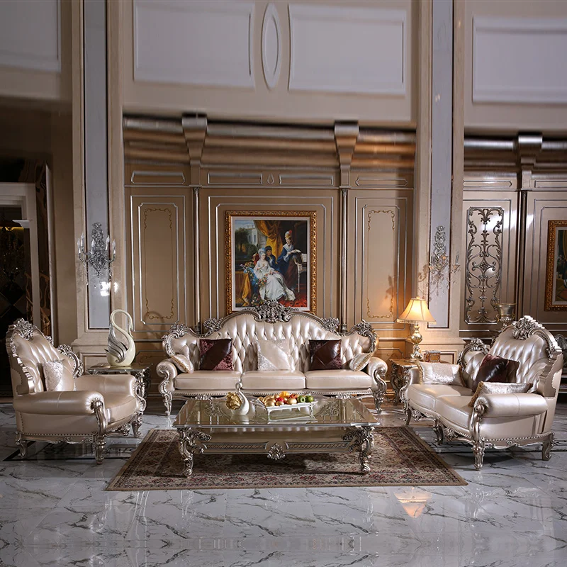 

European-style solid wood leather combination neoclassical large-sized living room court French sofa P1