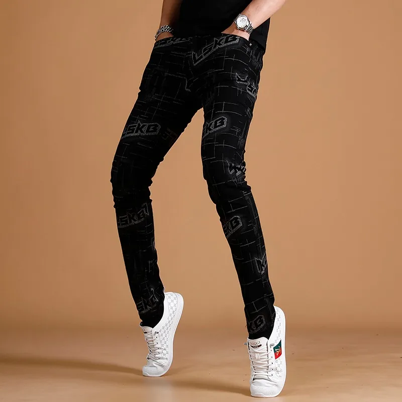 Black Jeans Men 2023 Summer Fashion Letter Printed Pants Streetwear Casual Straight Slim Fit Denim Trousers