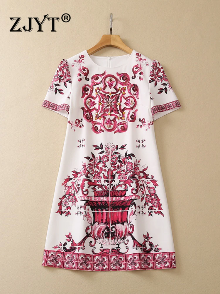 

ZJYT Summer Runway Red Porcelain Print Vintage Dresses for Women 2023 Designer Short Sleeve Beading Vestidos Casual Party Robe