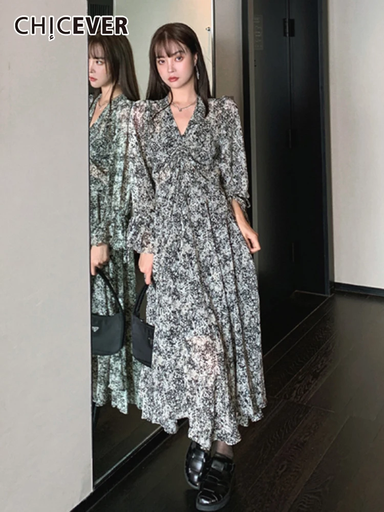 

CHICEVER Slim Floral Dresses For Women V Neck Long Sleeve High Waist Folds Chiffon Casual Dress Female Summer Fashion 2022 New