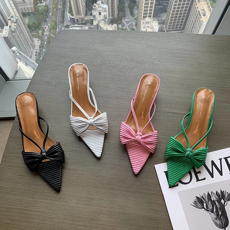 

Pointed Toe Women Slippers Bow Design Black/White/Pink/Green Thin Low Heels 2022 New Arrivals Party Pumps Shoes Outdoor Mules