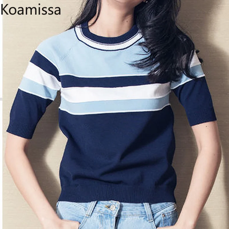 

Koamissa Summer Knitted Pullovers Short Sleeves O-neck Striped Tshirts Elegant Slim Tshirts for Women Korean Chic Top Ropa Mujer