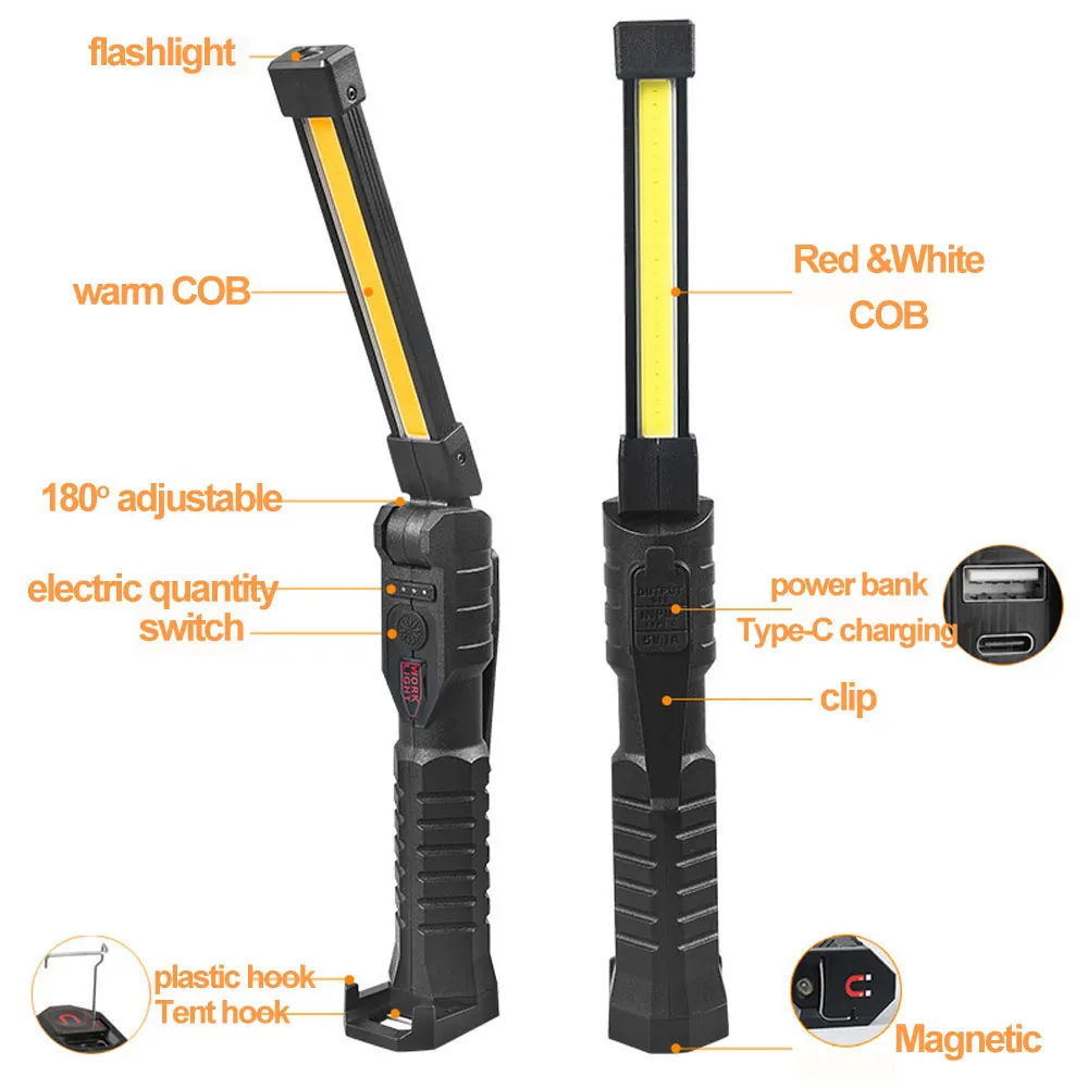 Multifunction COB Three Lights Led Flashlight USB Rechargeable Work Light Magnetic Lanterna Hanging Lamp with Built-in Battery enlarge