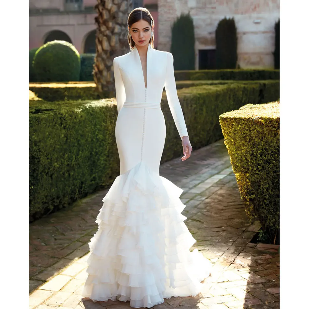 

Romantic Mermaid Wedding Dress 2024 Sexy Deep V Neck Lace Illusion Back Ruffle Sweep Train Bridal Gown Plus Size Custom Made