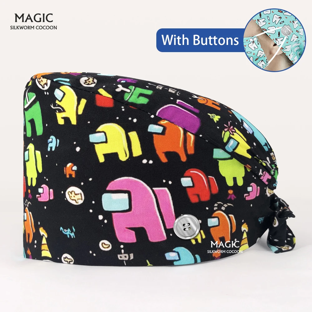 

Новинка 2021 года, скраб, яркий цветочный наполнитель, гигиенические колпачки с повязкой, мультяшная печать, колпачки для медсестер, стоматол...