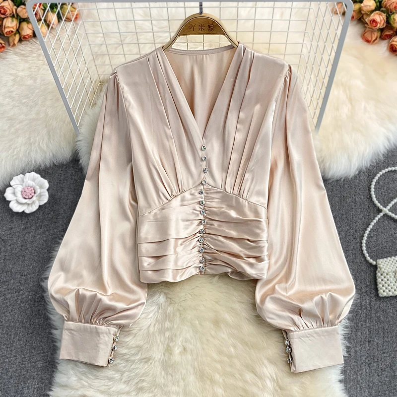 

High-end Light Luxury Light Mature Atmosphere Acetate Satin V-neck Long Sleeve Shirt Fold Chic Jacket