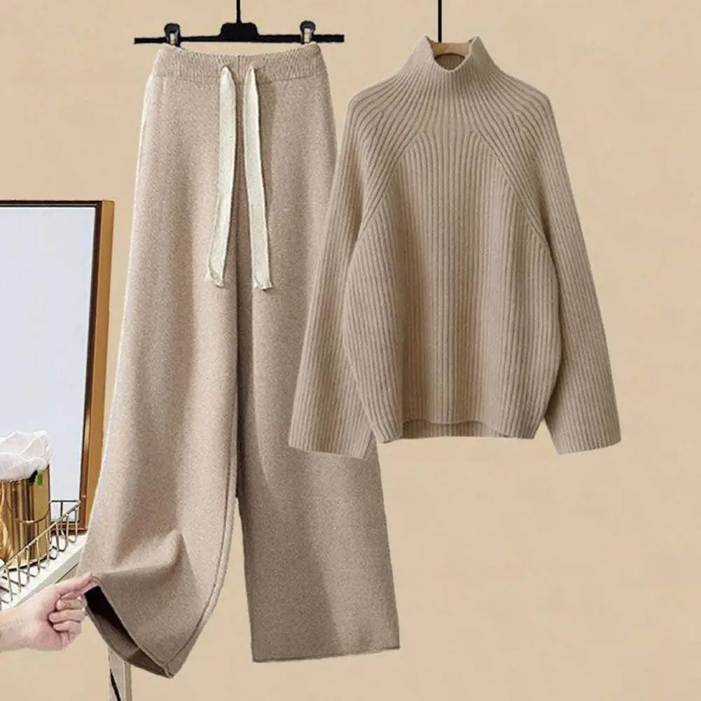 

2Pcs/Set Women Pullover Trousers Turtleneck Long Sleeve Loose Accessories Casual Winter Knitted Outerwear Straight Pants
