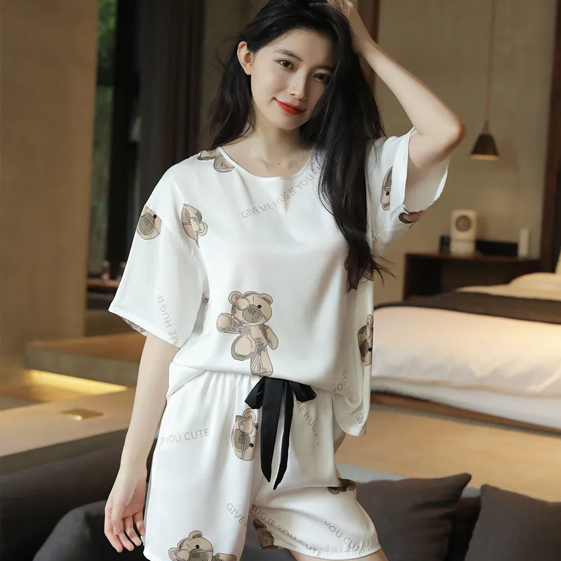 PICKBIRD 2022 Summer thin silk print short-sleeved shorts crew neck pajamas women's suit ice silk large size pullover home wear