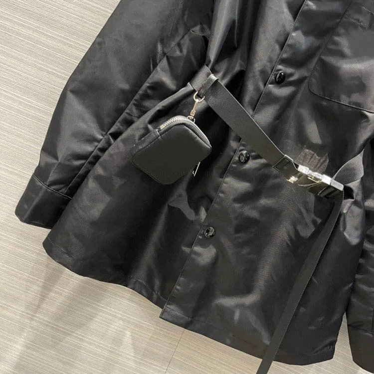 High-end Black Nylon Trench Coats for Women Top Quality 3D Cut Lapel Long Sleeve Coats Tooling Trench Coats Lady Spring 2022