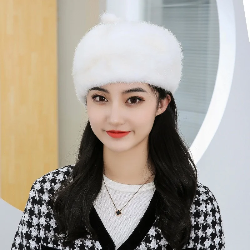 Winter Korean Plush Thermal Fur Hat Women's Luxury Mink Fur Soft Beret Dome Pumpkin Grain Design Trend Fur Hat