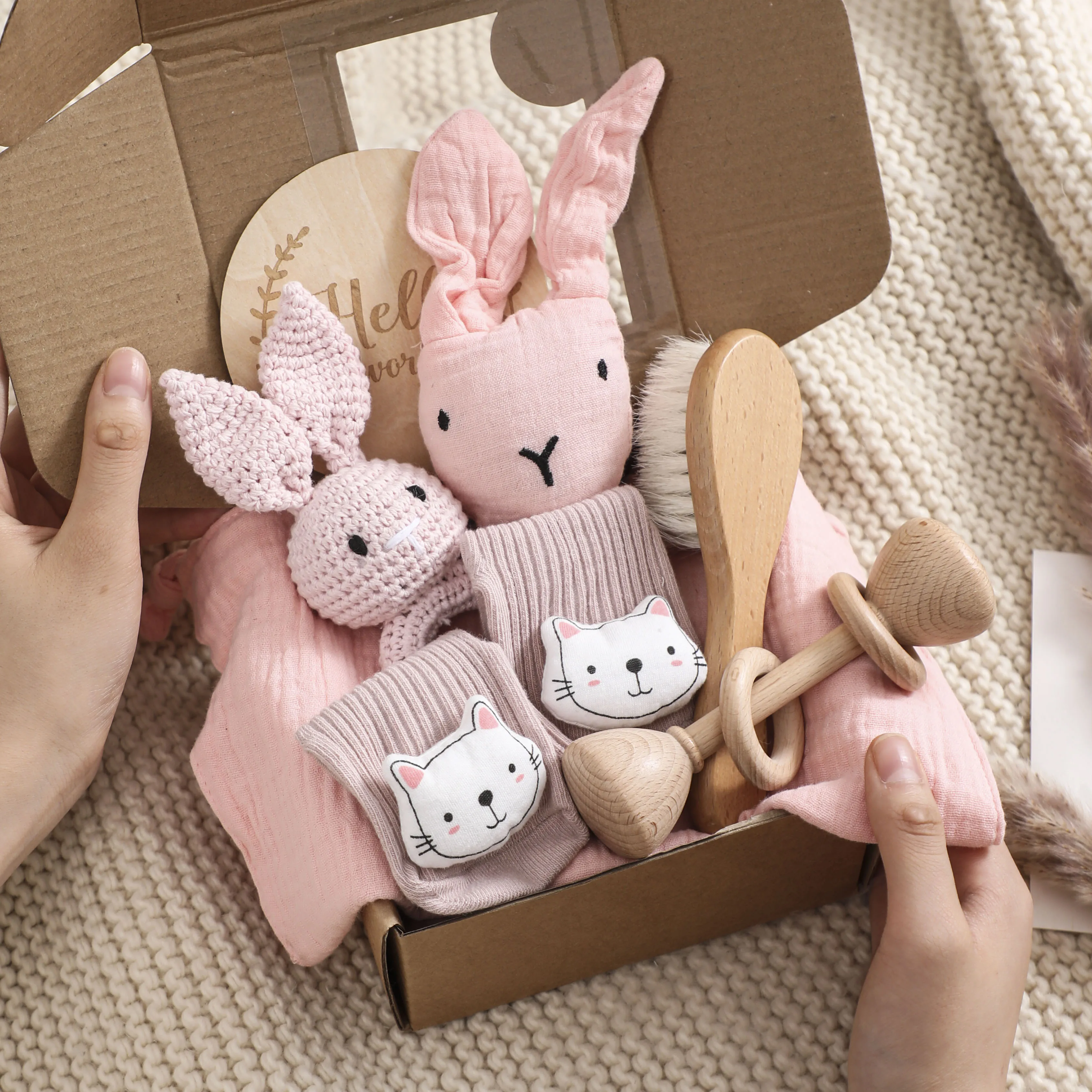 Double Sided Cotton Blanket Wooden Bracelet Rabbit Toys Baby Bath Gift Produc