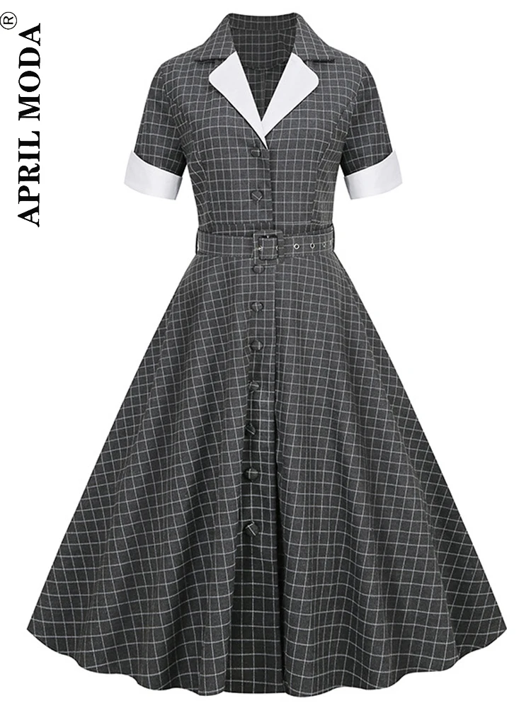 

2023 Ретро Винтажные клетчатые вечерние 50s женские платья с коротким рукавом Элегантные Лоскутные качели трапециевидные подиумные платья