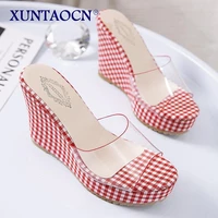 new summer womens slippers fashion plaid cloth wear resistant square head wedge heel thick bottom waterproof platform sandals