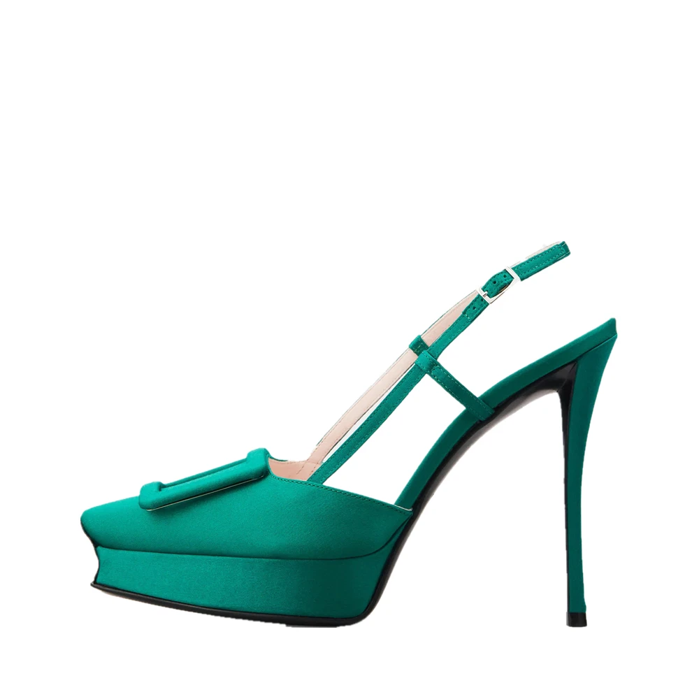 2022 Women Shoes Summer New Green Hight Heels Pointed Toe Office Slingback Ladies Pumps Platform Silk Satin Pumps Shallow Mouth