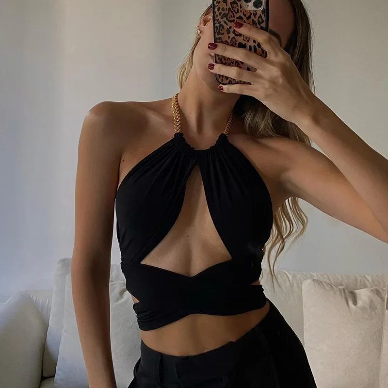 

Y2k Summer Women Sexy Hollow Out Front Chain Strap Halter Criss Cross Top All-Match Female Backless Clubwear Black Cropped Tops