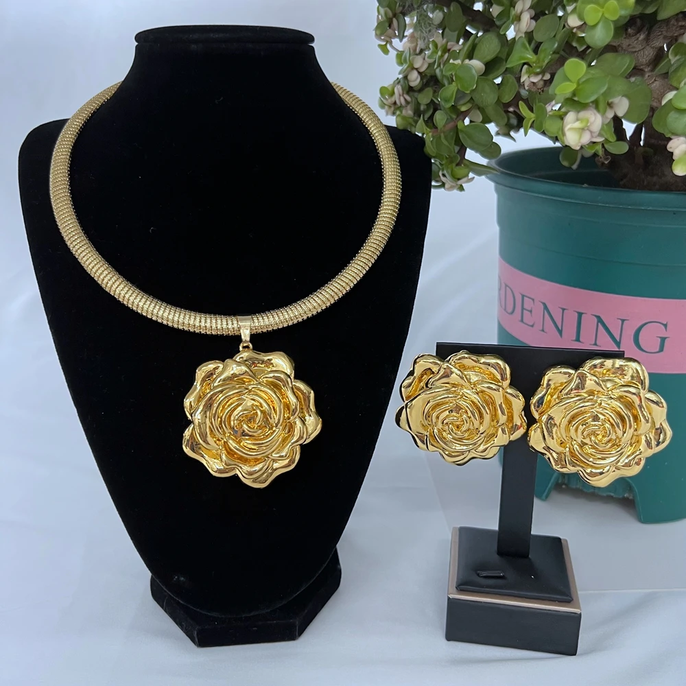 

African Jewelry Set Fashion Dubai Wedding Earrings Pendant Necklace For Bridal Design Gold Plated Luxury Rose Nigerian Accessory