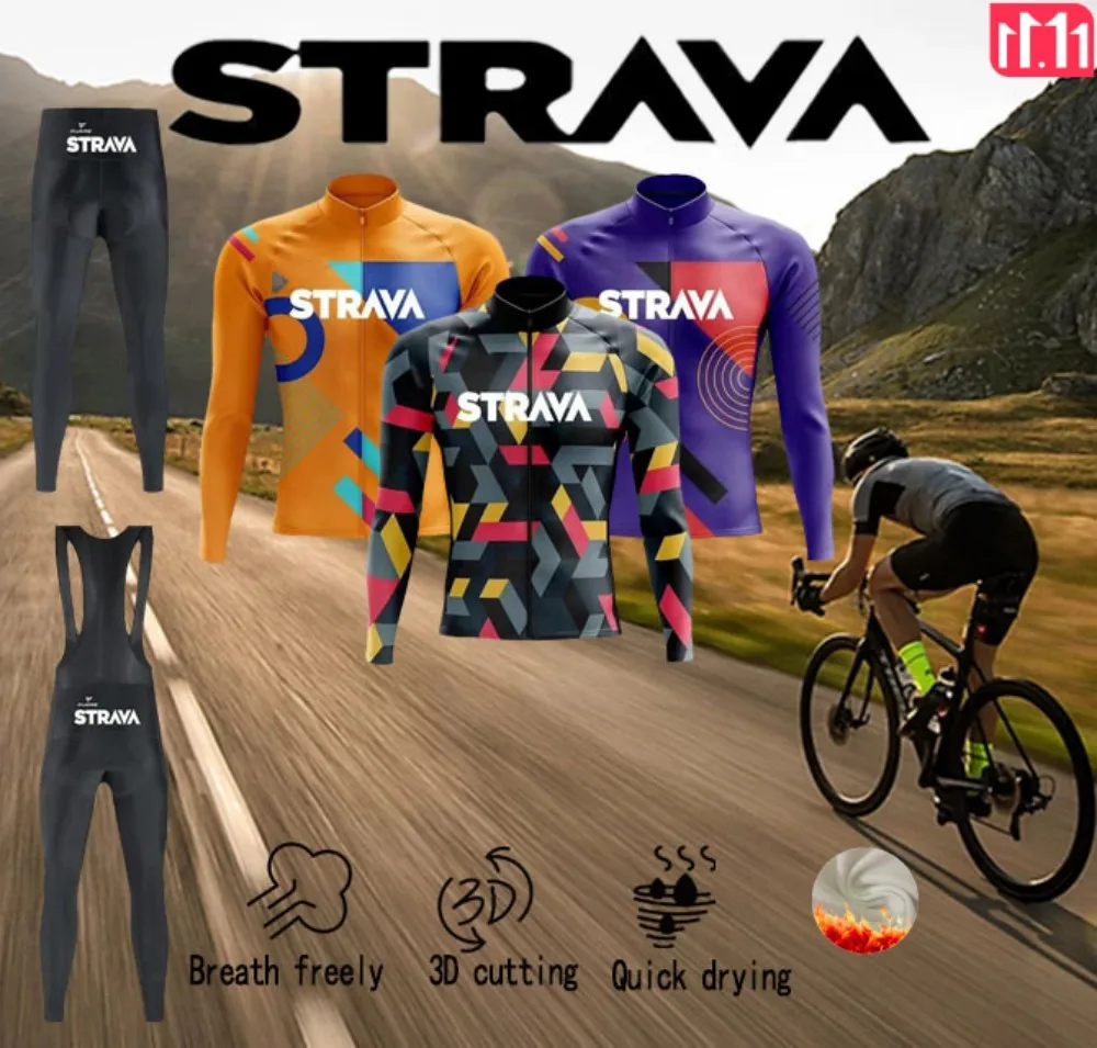 STRAVA Men's Jacket Road Mountain Bike Long Sleeve Pants Set Tracksuit Jersey Sports Outdoor Christmas Riding Gear