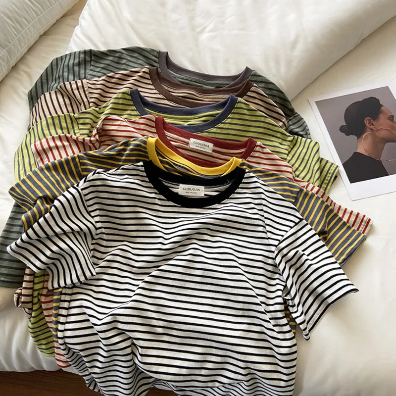 

95% Cotton Summer Contrast Stripe T-shirt Womens Summer Round Neck Short Sleeve Loose Casual Tops Fashion Classic Stripe Tops