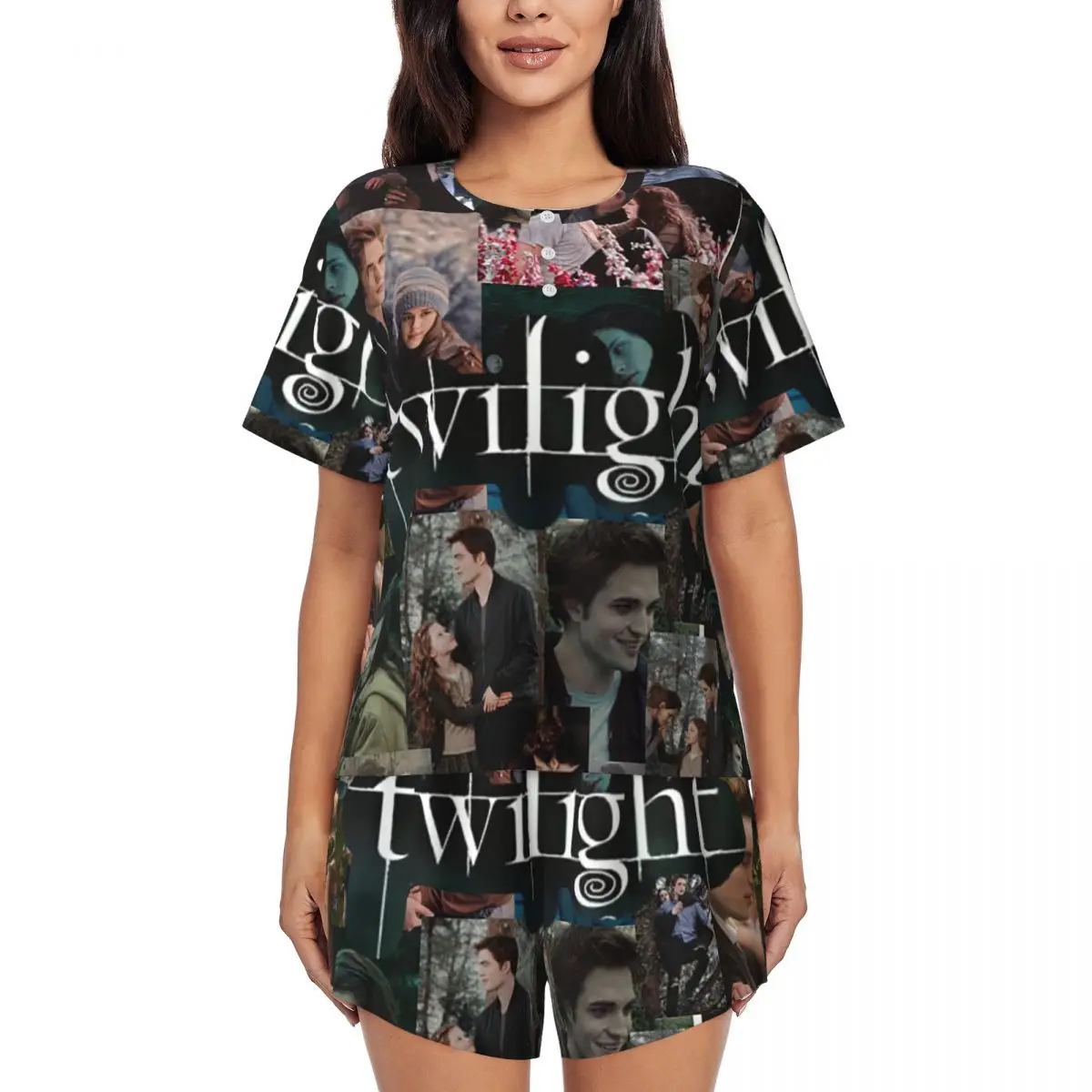 Фото Ночные рубашки Edward Cullen Twilight с круглым вырезом и короткими рукавами для сна, женский свободный пижамный комплект с короткими штанами №1