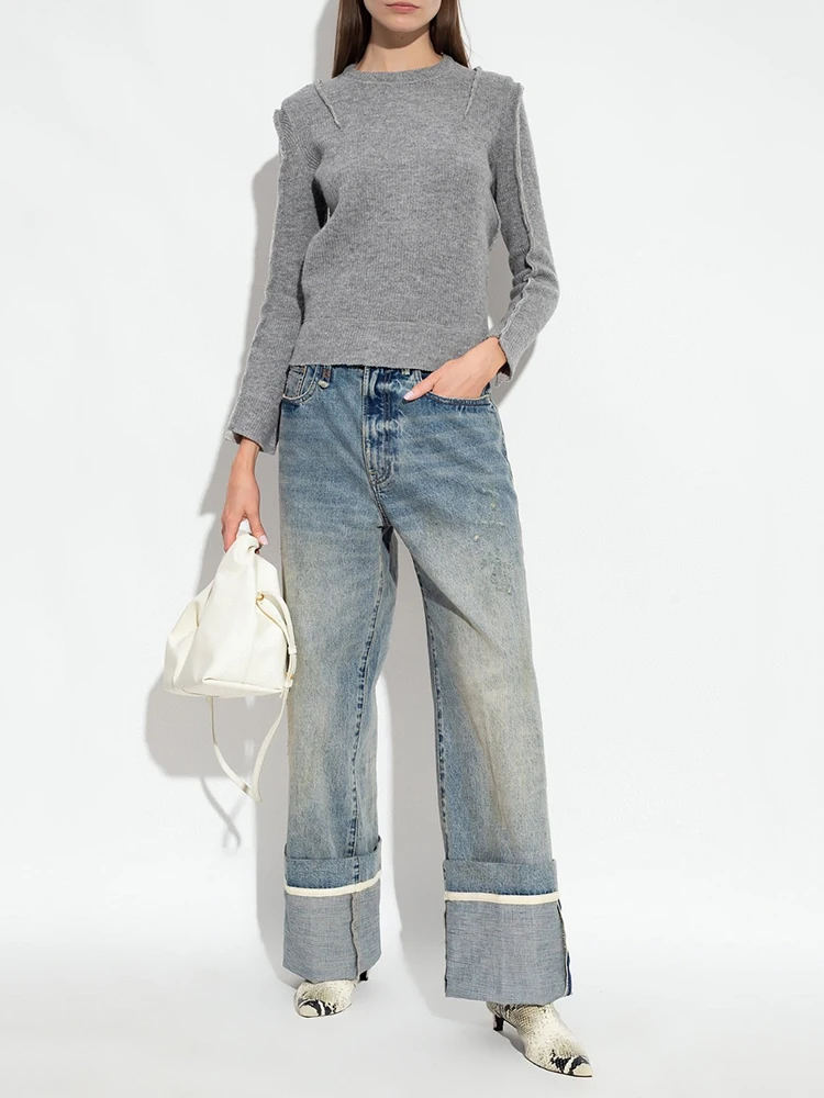 

Простой и универсальный женский свитер с необработанными краями, элегантный облегающий вязаный свитер с круглым вырезом и длинными рукавами, новинка 2023