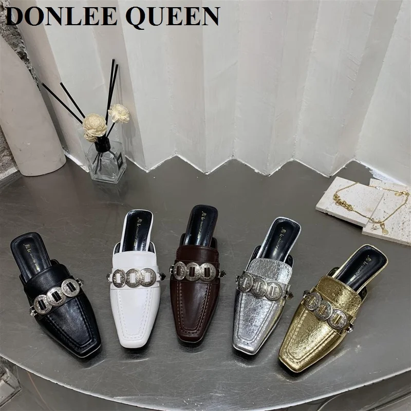 

Women Mules Fashion Slippers Brand Design Low Heels Square Toe Metal Buckle Shoes Spring Outdoor Slides Office Dress Shoes Mujer