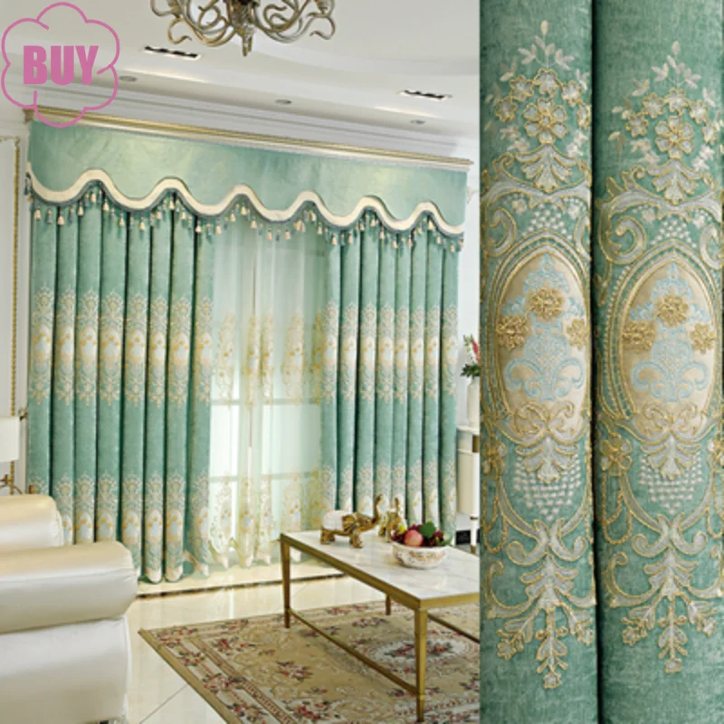 

European Curtains for Living Dining Room Bedroom Custom Luxury Green Embroidered Blue Grey tulle Curtain French Window valance