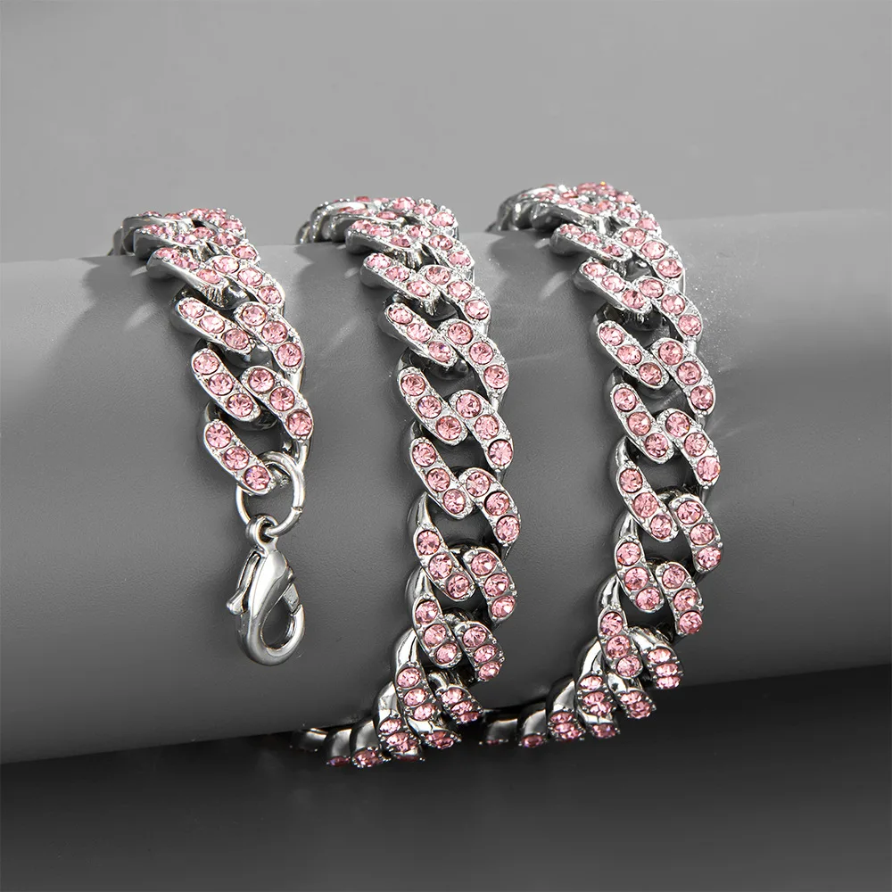 

Luxury Hip Hop Cuban Link Chian Women Necklace Bracelet With Tail Chain Ice Out Blue Pink Diamond Rock Rap Trend Jewelry Gift