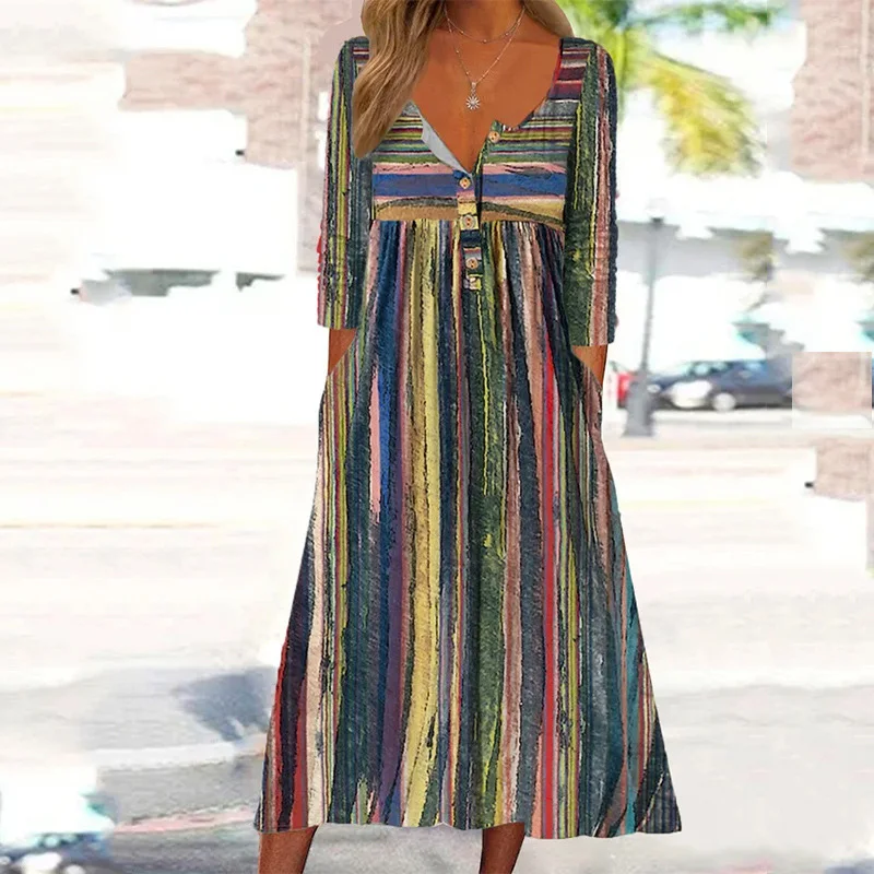 

Женское винтажное плиссированное платье-пуловер с карманами и принтом