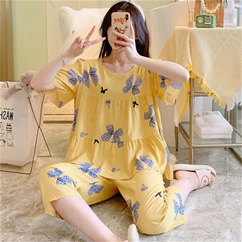 Autumn Pajamas Set Casual Mom Sleepwear For Women Elastic Pyjama Women's Cotton Fashion Cartoon Homewear Clothes Plus Size