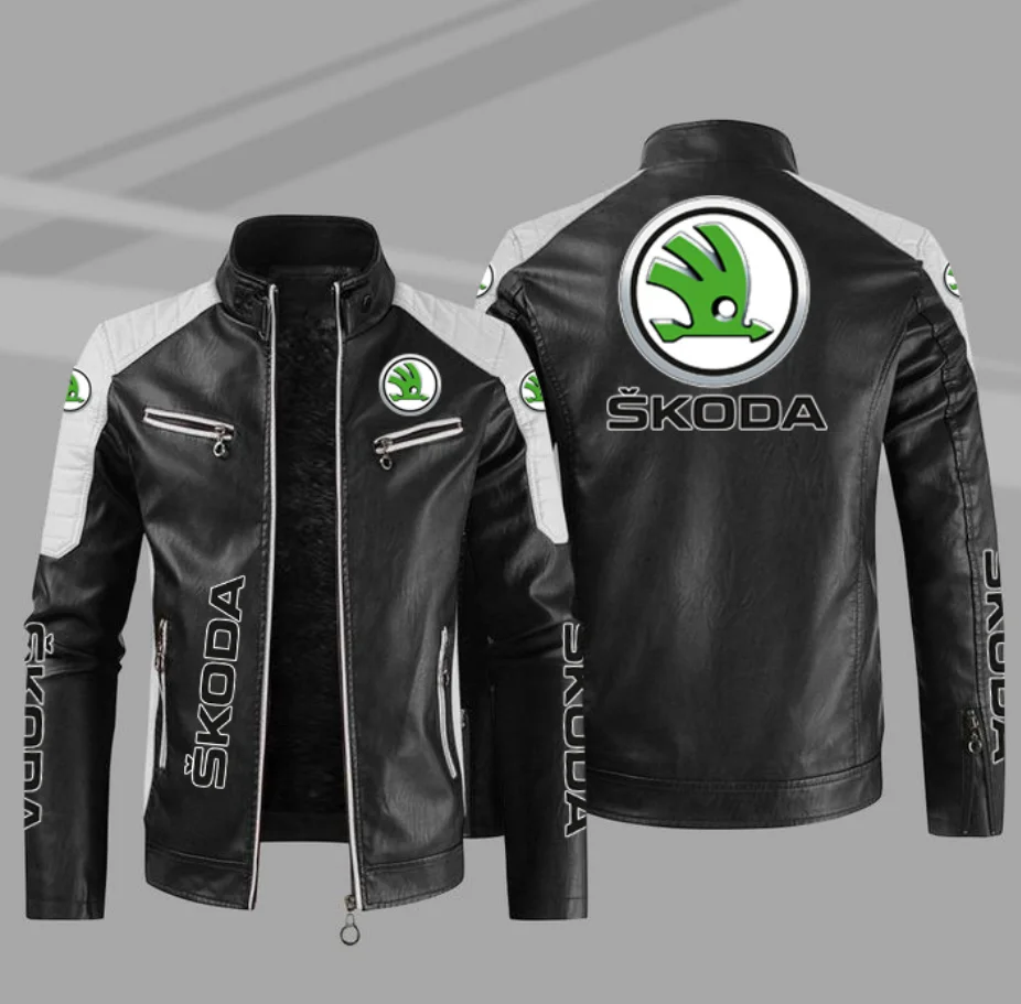 2022 Fashion New Mens Vintage Car SKODA Jacket Biker Leather Jacket Male Embroidery Bomber Coat Pu Overcoat