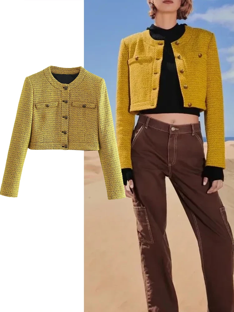

TRAF Office Lady 2022 Plaid Short Blazer Women Long Sleeve O Neck Vintage Long Sleeve Female Outerwear Chic Top