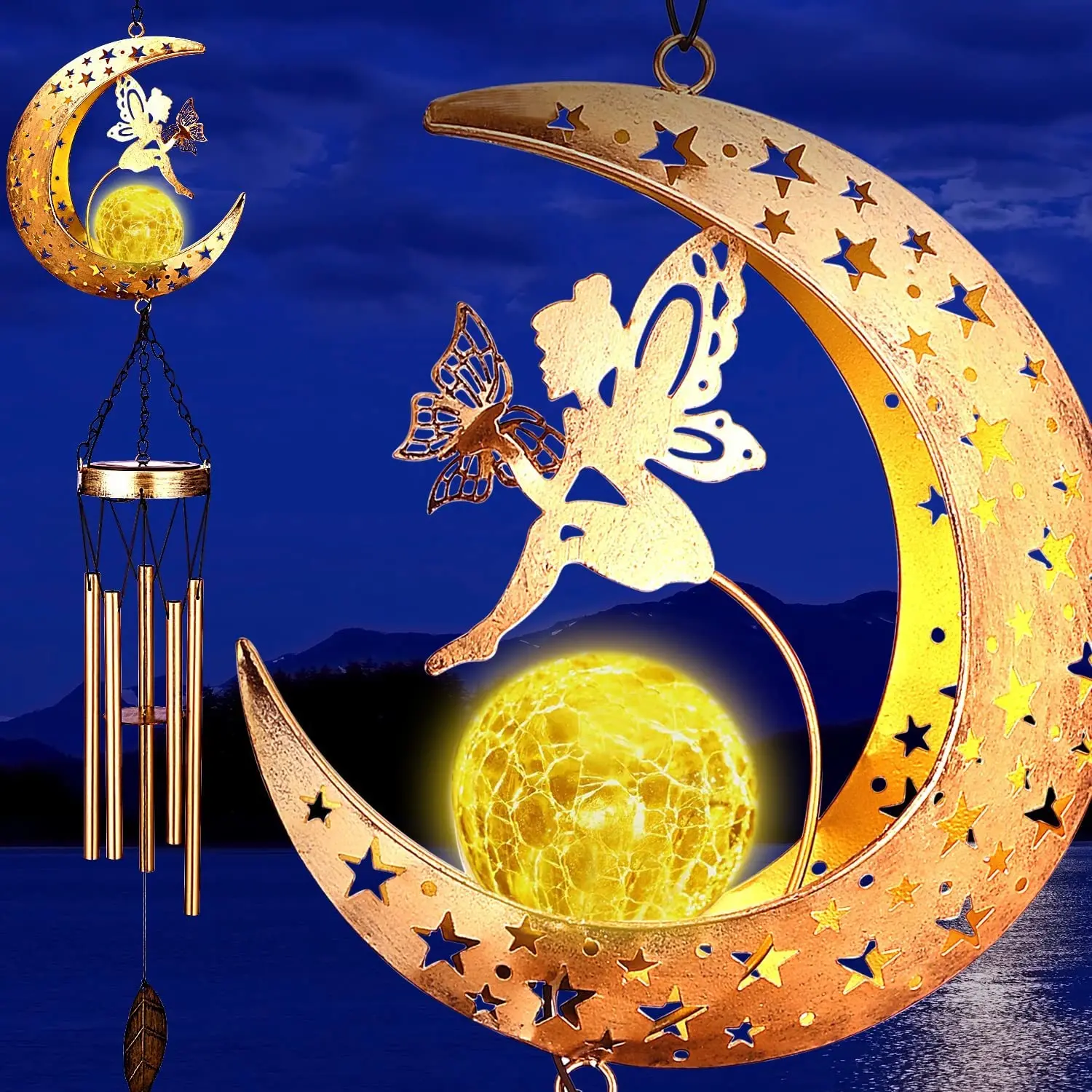 

Solar Wind Chimes for Outside Moon Windchimes Outdoors Angel Fairy Hanging Decor with Crackle Glass Ball Patio Lawn Gardening