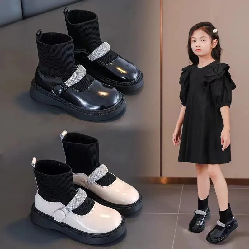

New Spring Autumn Leather Boots Girls Princess Fashion Crystal Boots Children Shoes Casual Breathable Baby Kids Sock Boots 02C