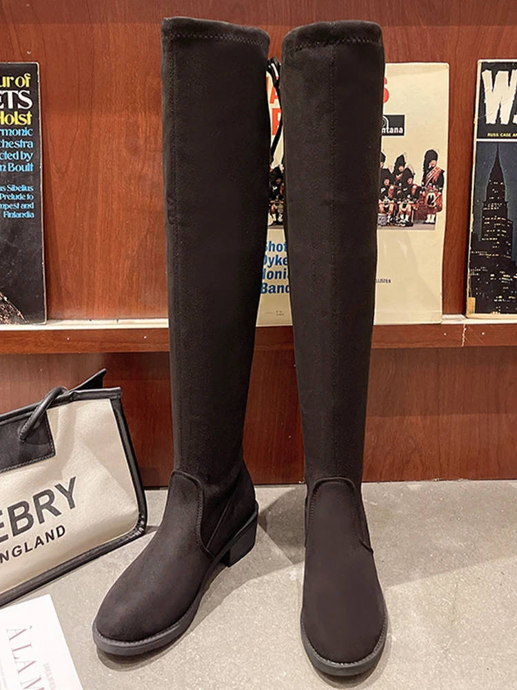 

Sexy Over The Knee Women Flats Keep Warm Snow Boots Fad Low Heels Punk Shoes 2022 Winter New Women Round Toe Motorcycle Boots