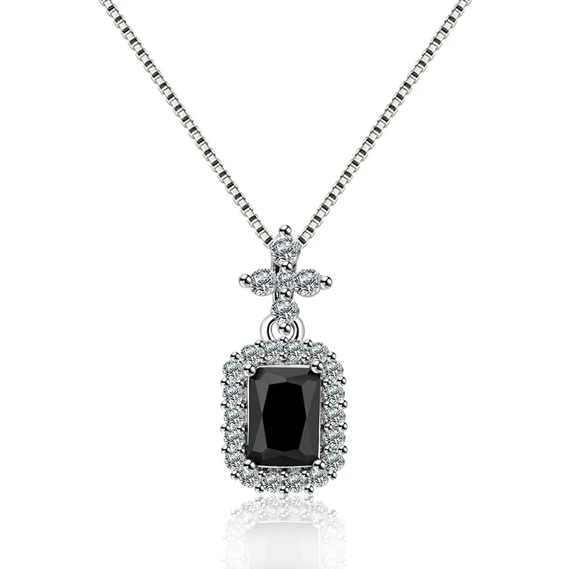 

Personality Crystal Black Square Cross Pendant Women Jewelry Necklace High Grade Silver 925 Chain Clavicle Necklace Lady Gift